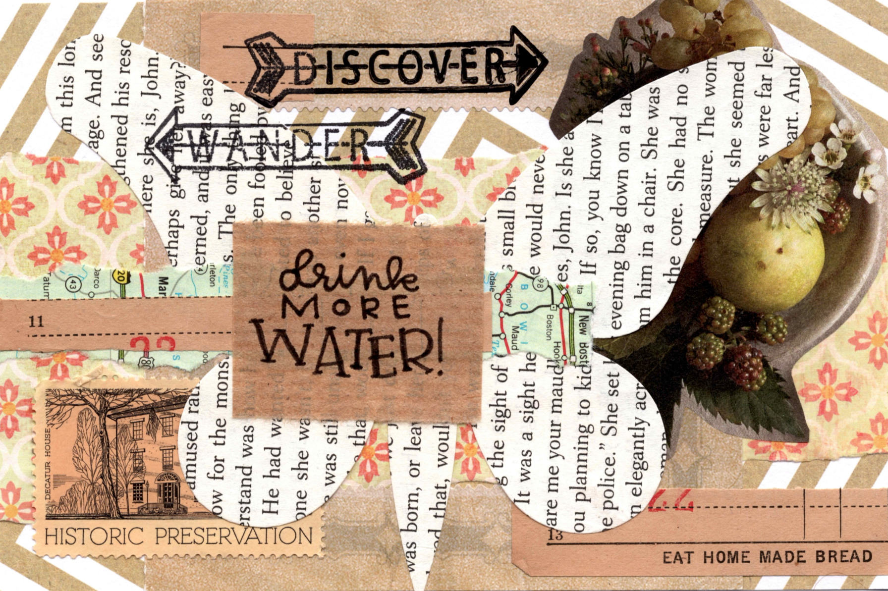 Collage of vintage-style text and decorative elements with a rustic theme.