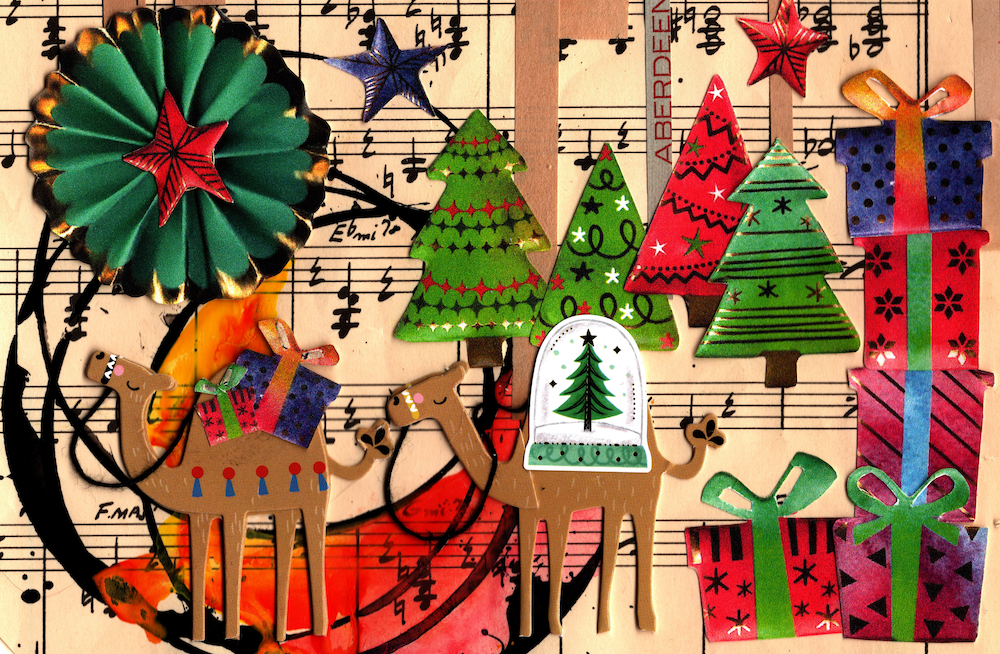 Colorful Christmas-themed brooches on sheet music background