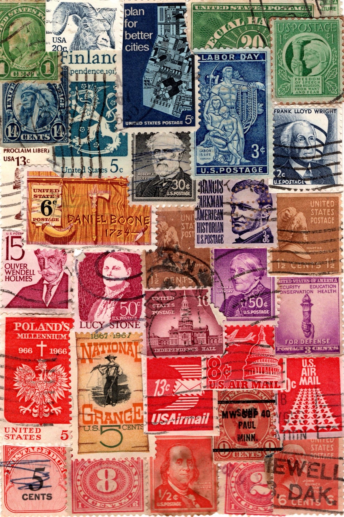 Collage of various vintage postage stamps from different countries.
