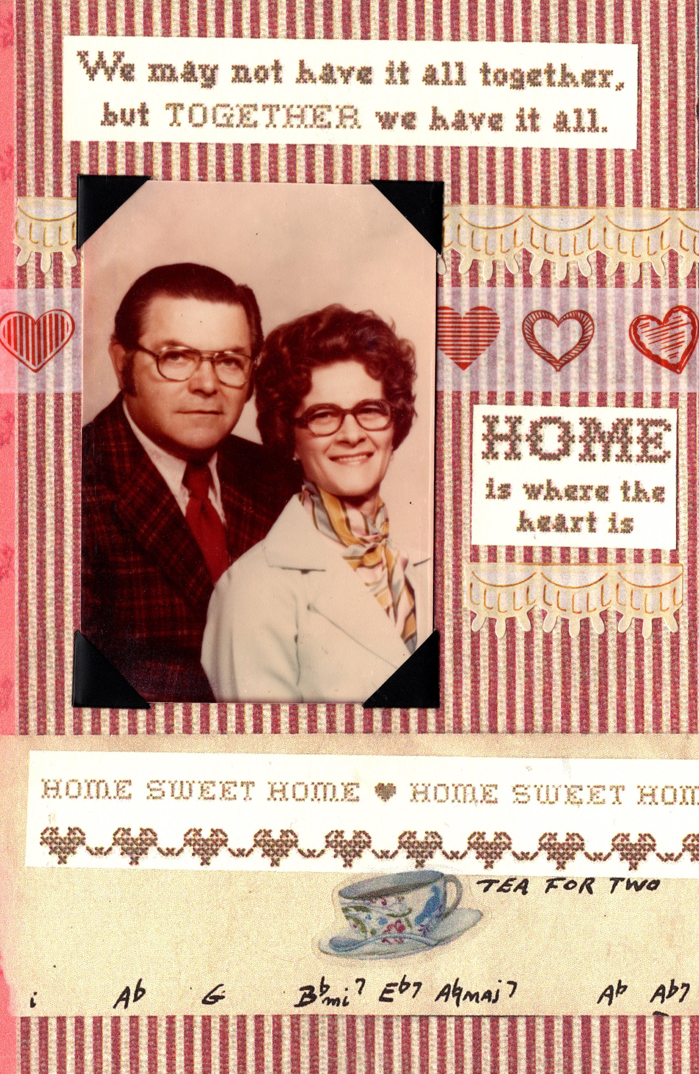 Vintage-style card with an old photo of a couple, decorative text, and a tea cup illustration.