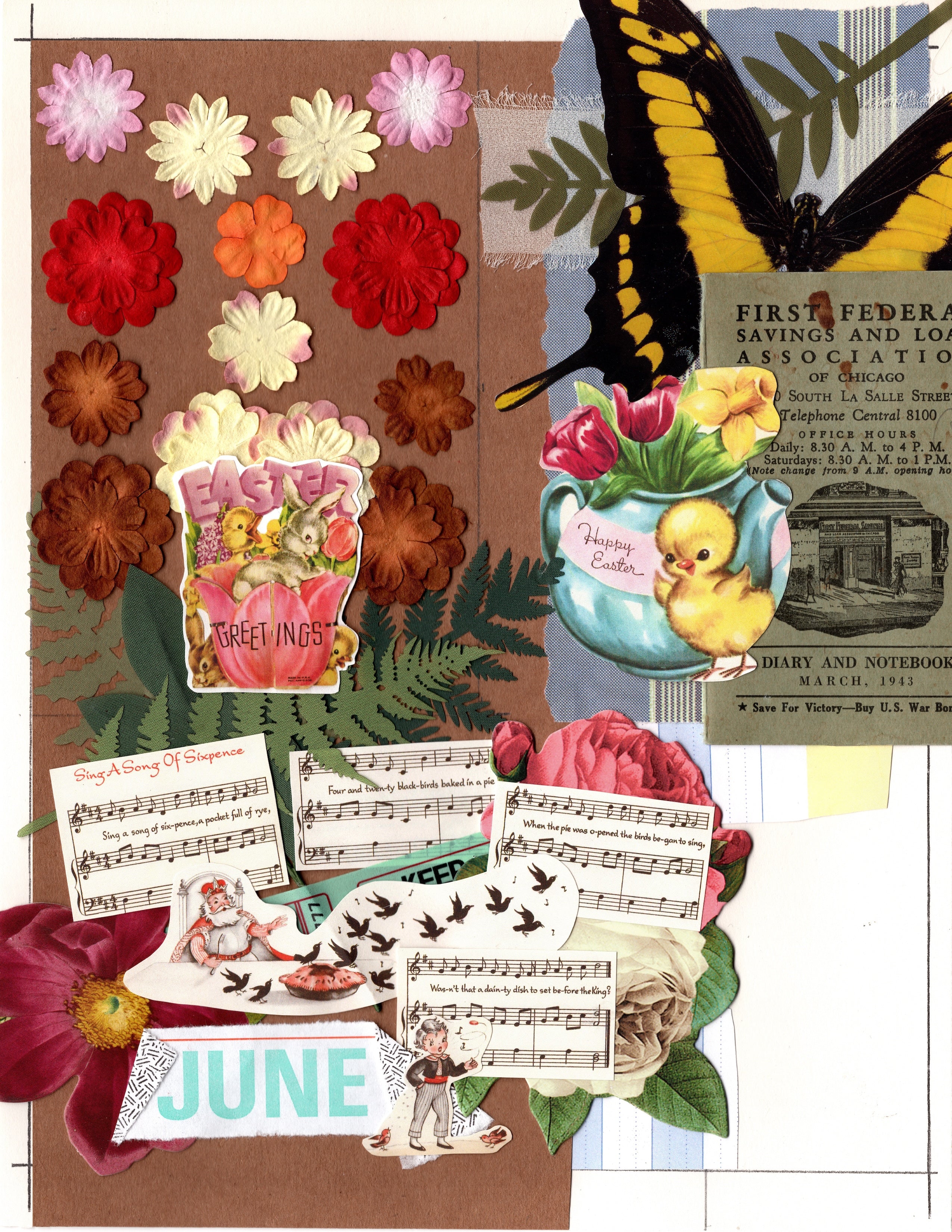 Collage with flowers, a butterfly, and vintage-style elements on a textured background.