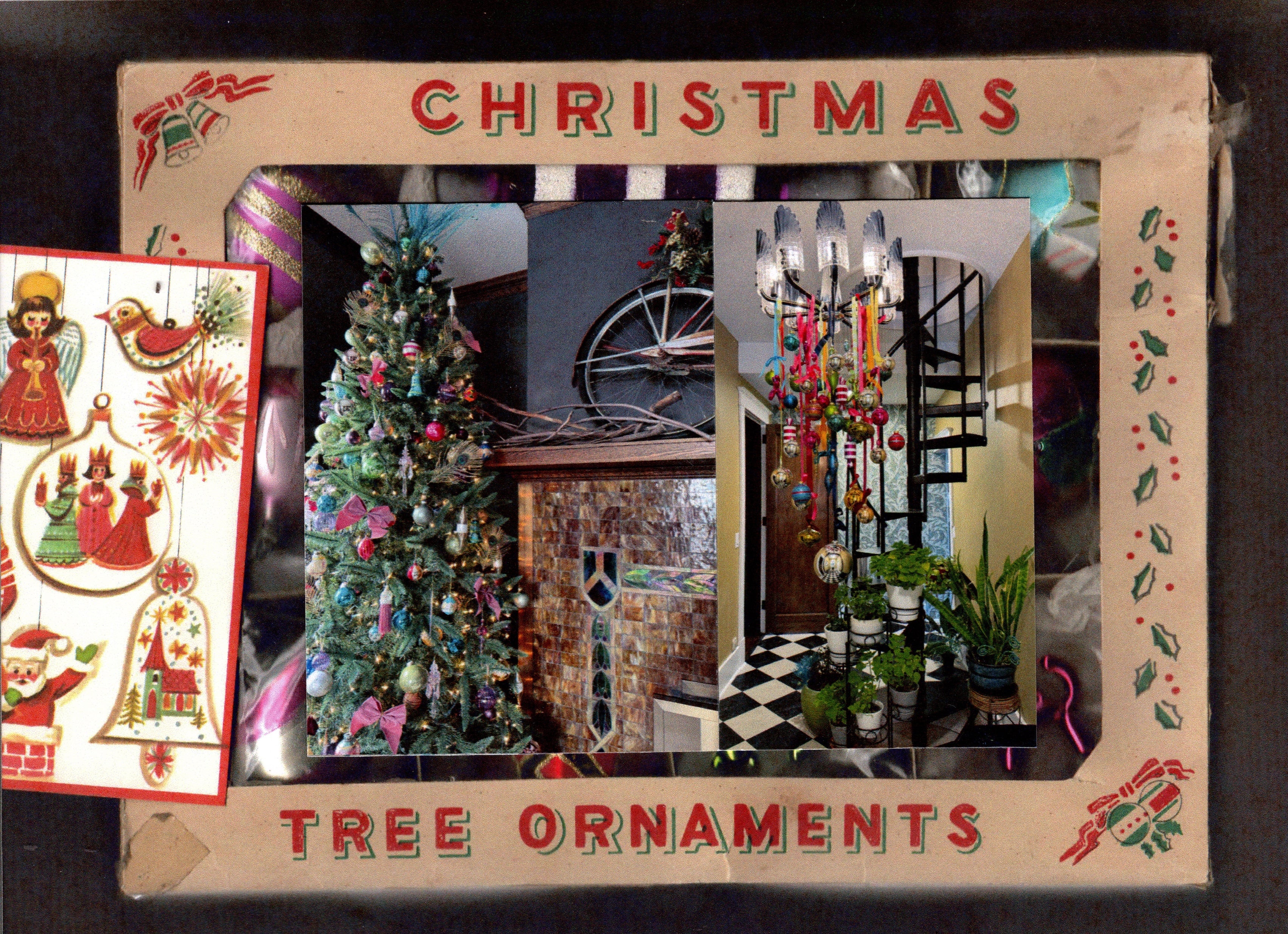 Decorative Christmas frame with images of a decorated tree and ornaments.
