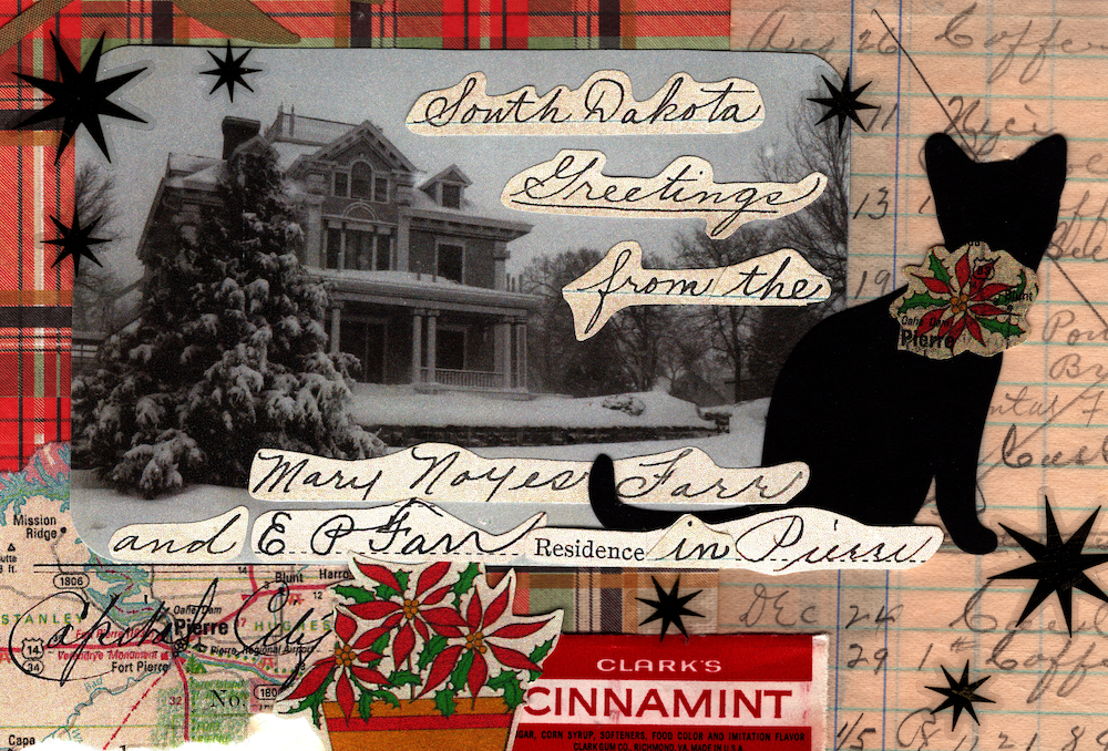 Vintage-style card with a black cat, Clark's Cinnamon gum wrapper, featuring the historic Farr House in the snow.