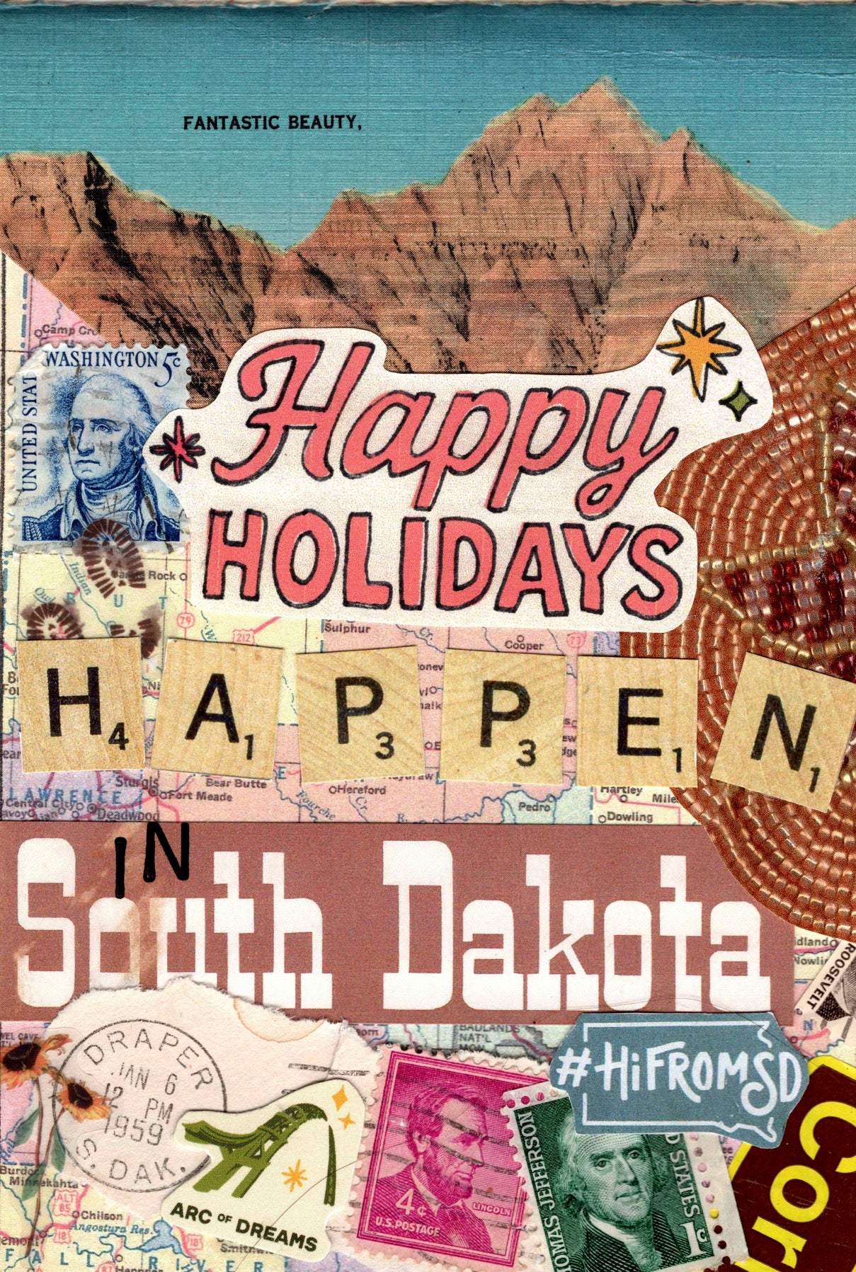 Collage with 'Happy Holidays Happen in South Dakota' text and South Dakota-themed graphics.