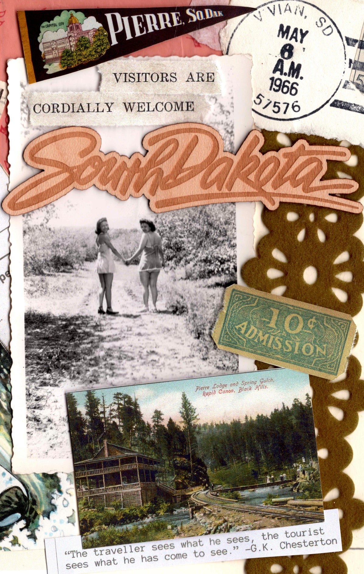 Collage of vintage South Dakota-themed items including text, photos, and a postcard.