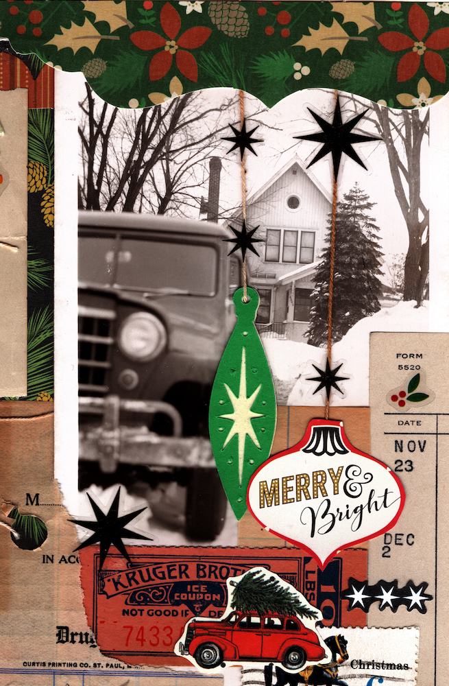 Collage with vintage truck, house, and Christmas decorations on a snowy background