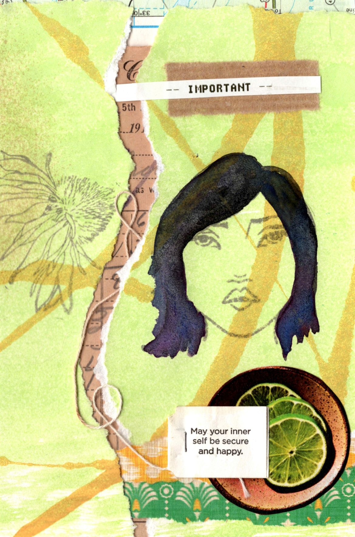 Collage with a stylized face, text, and nature elements on a textured background