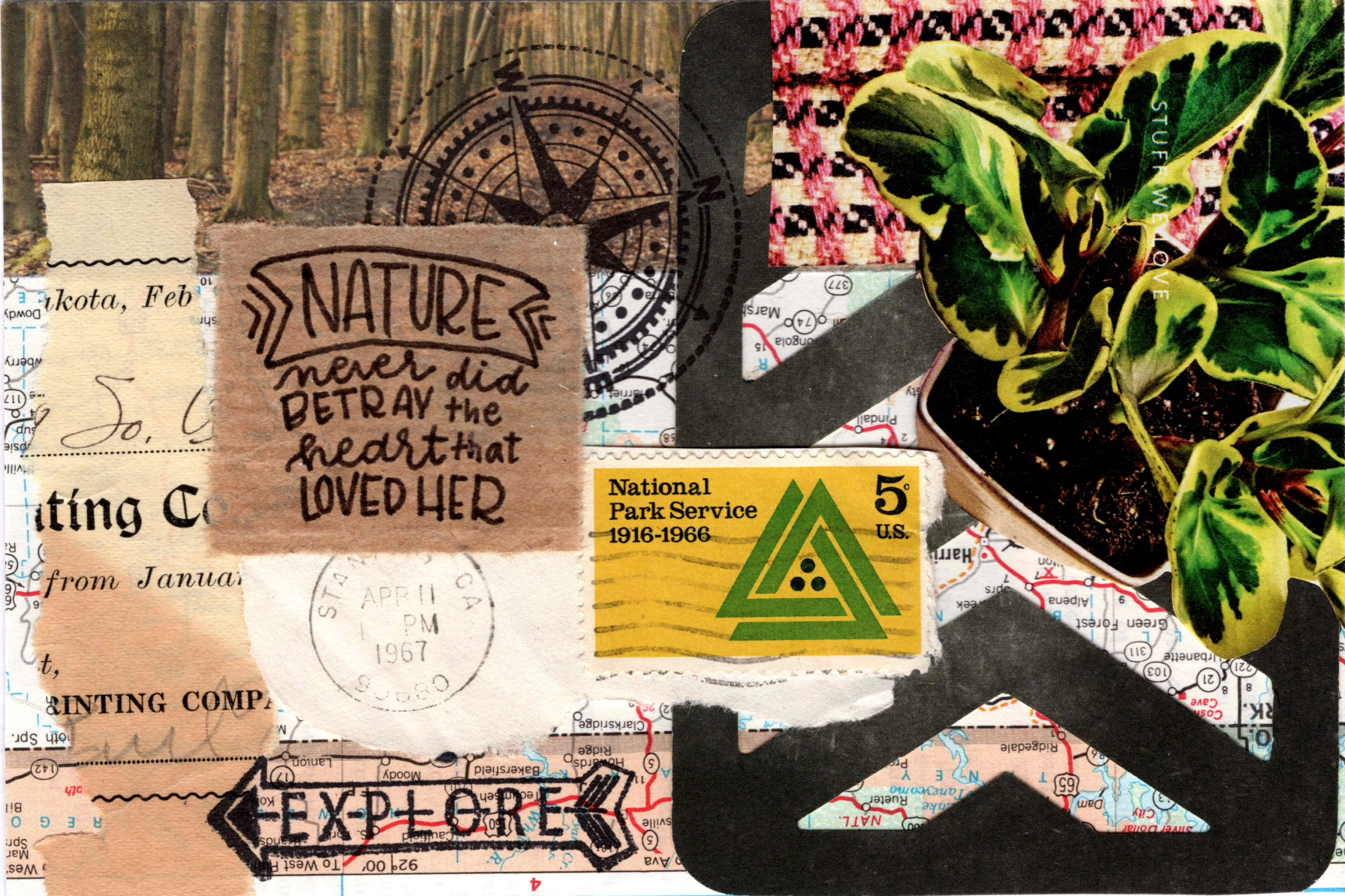 Collage with nature-themed elements, vintage national park stamp, and a compass.
