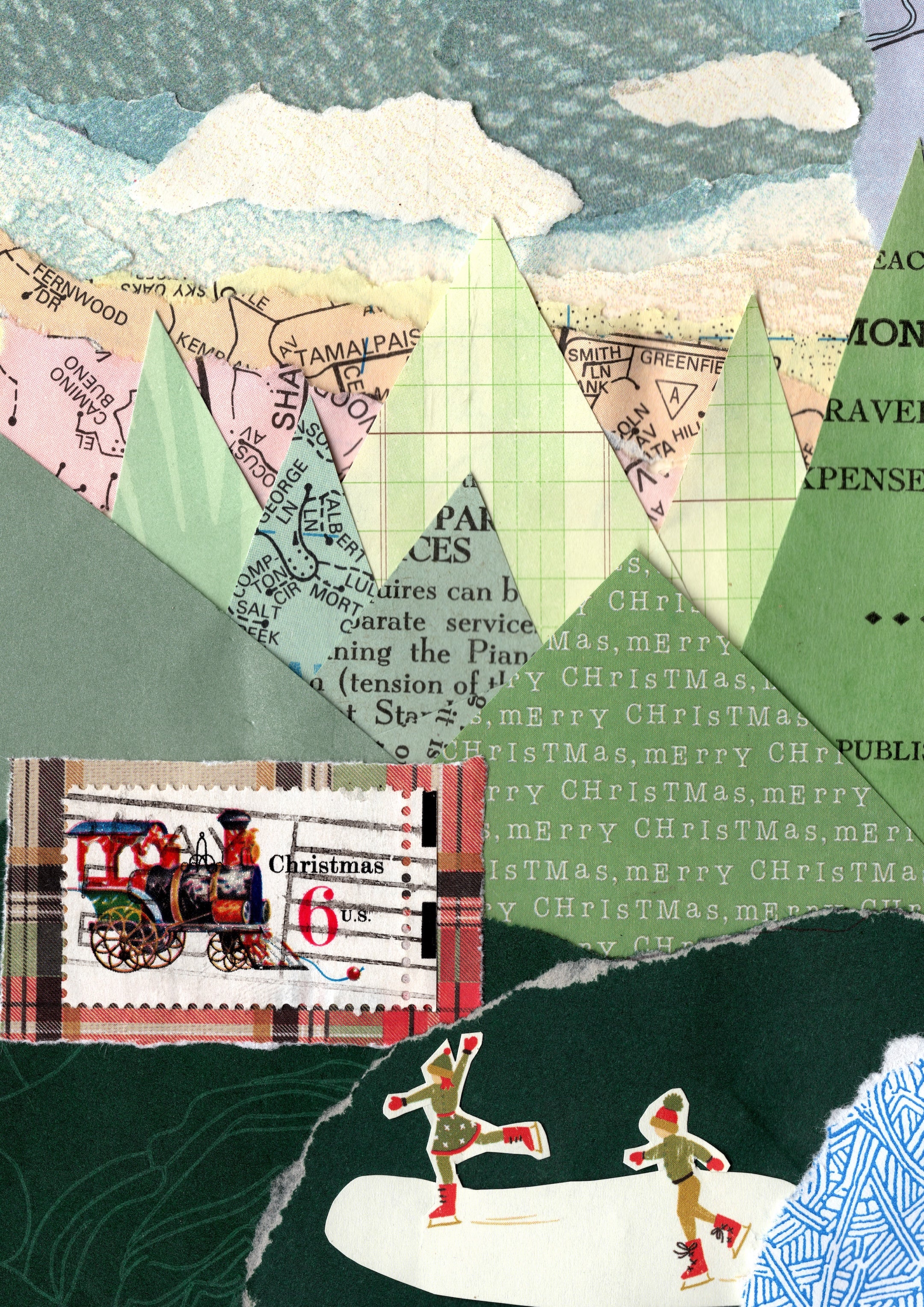 Collage with mountains, vintage Christmas card, and skiers on a textured background