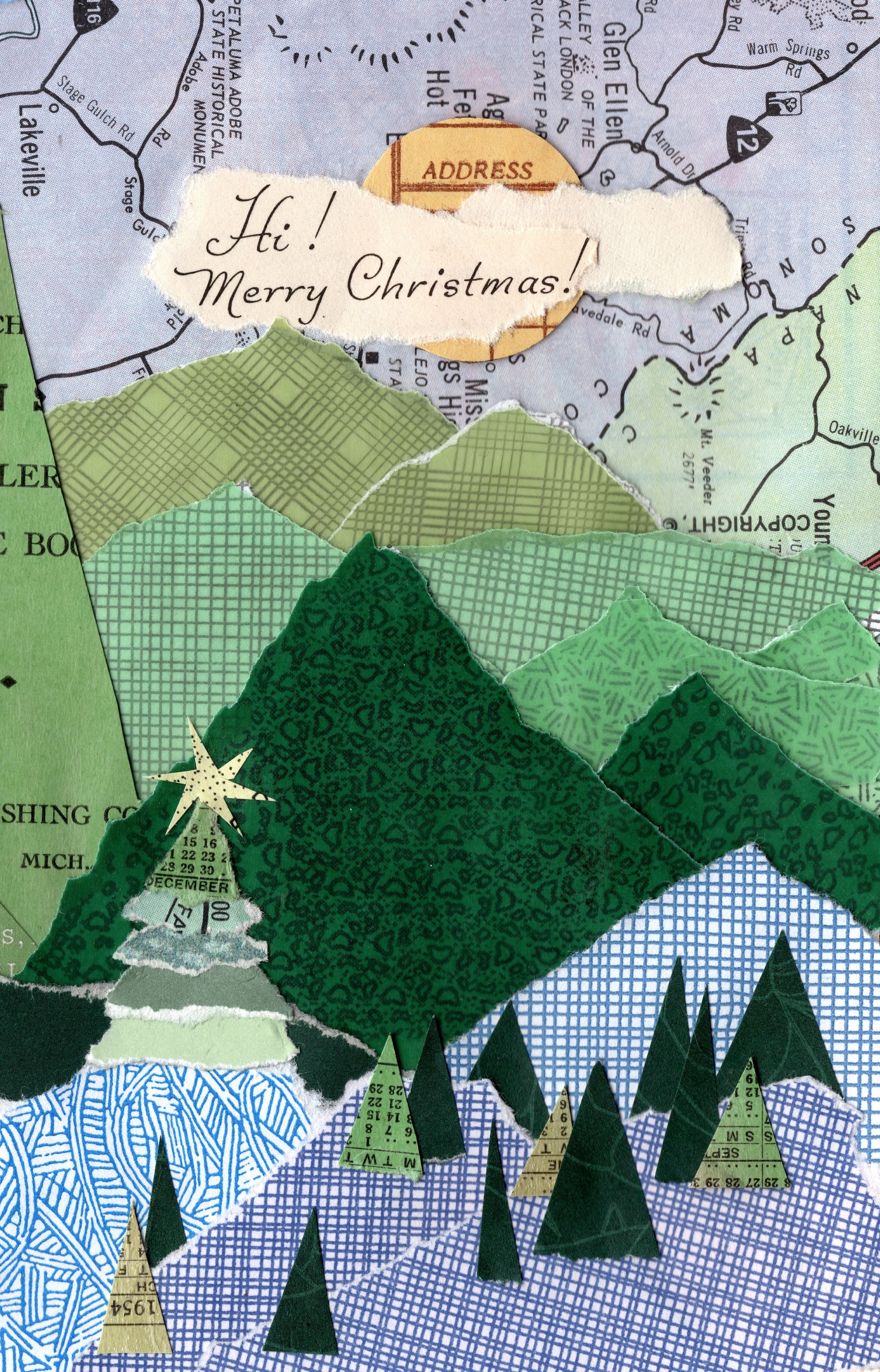 Map collage with green mountains and trees, featuring a 'Merry Christmas!' message.