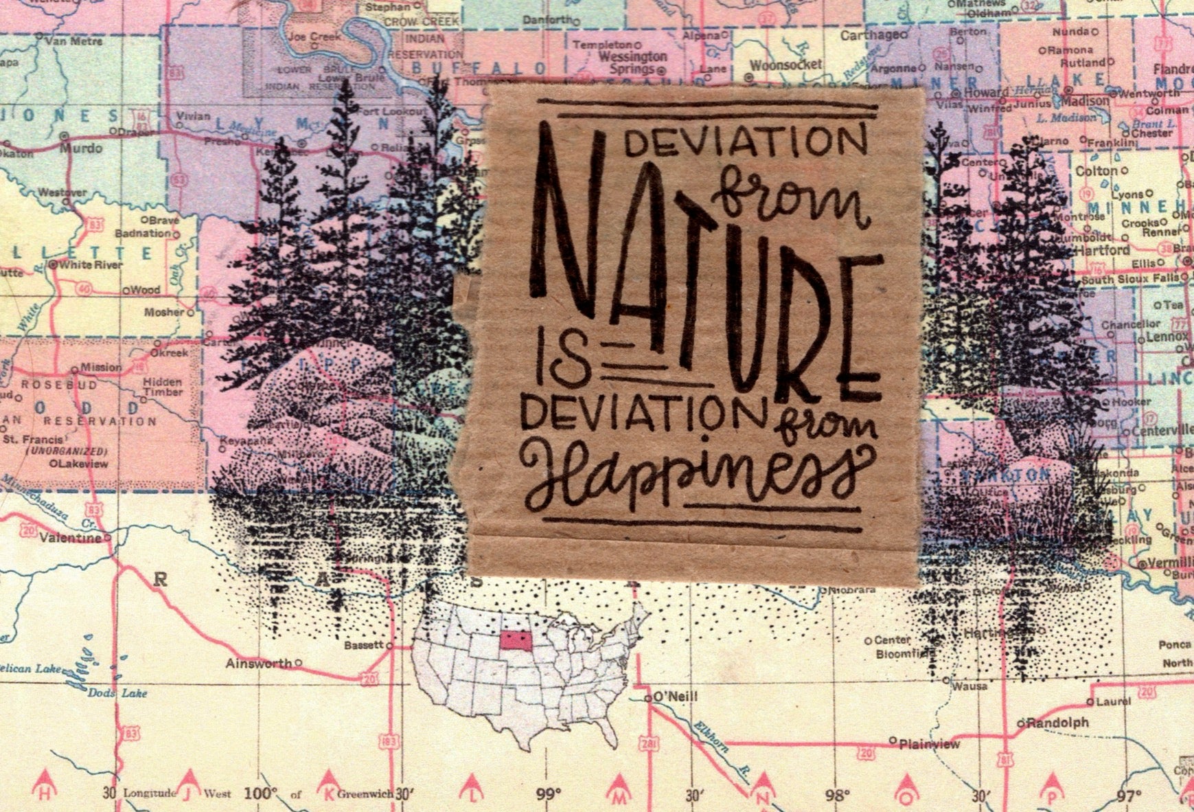 Motivational quote "Deviation from Nature is Deviation from Happiness" on a wooden sign with nature-themed design on a map background