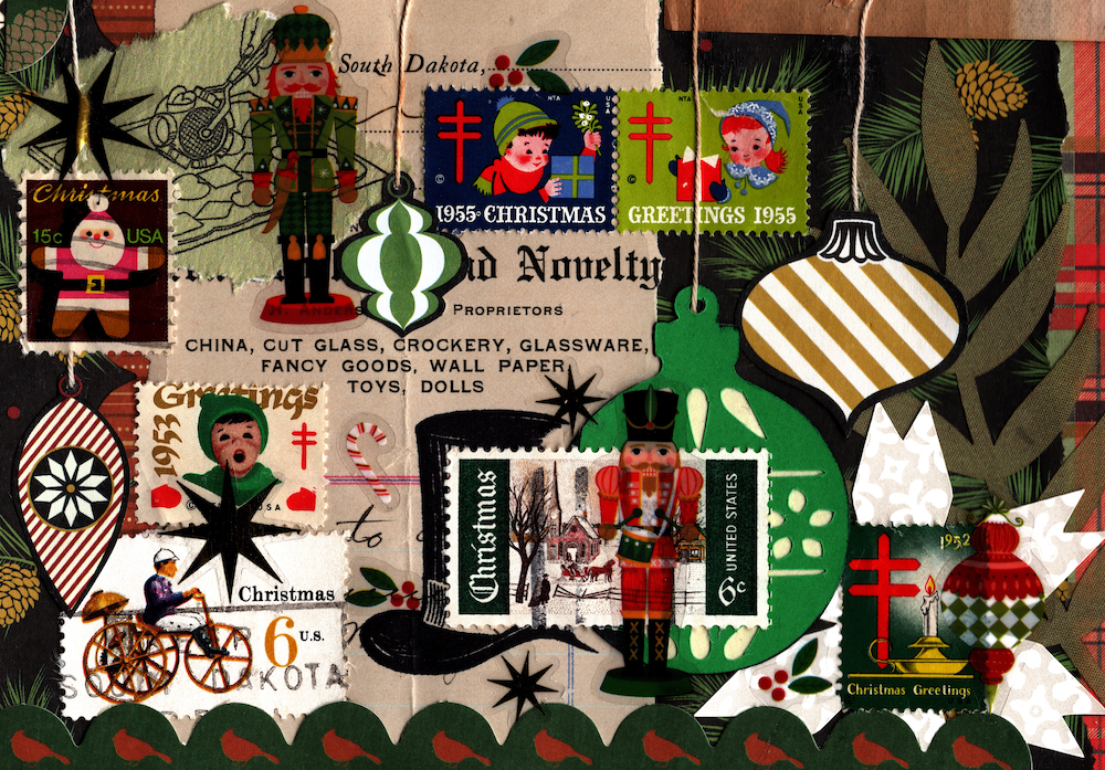 Collage of vintage Christmas-themed decorations, stamps, and advertisements.