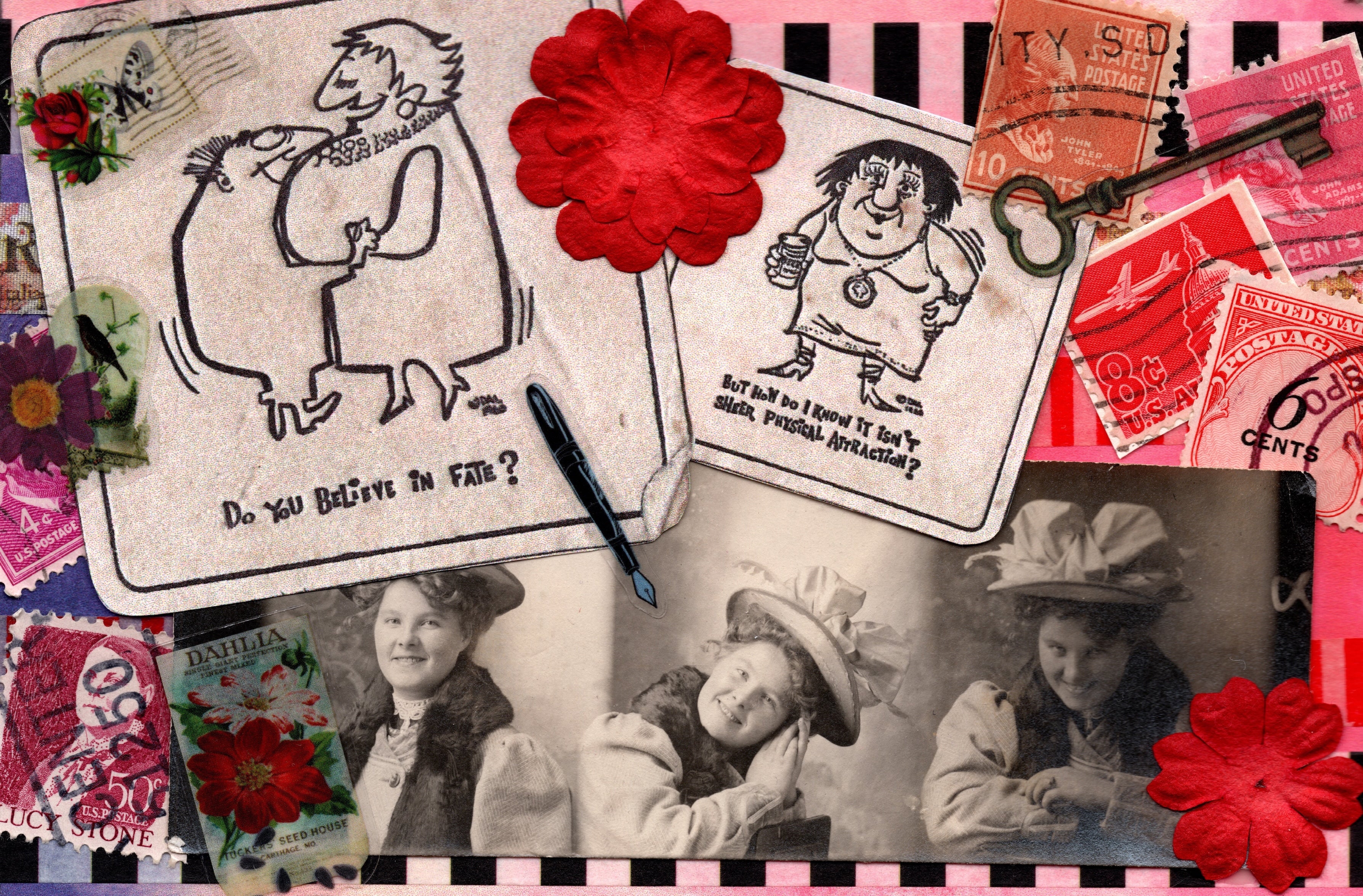 Collage of vintage illustrations, stamps, and photos with a red flower accent.