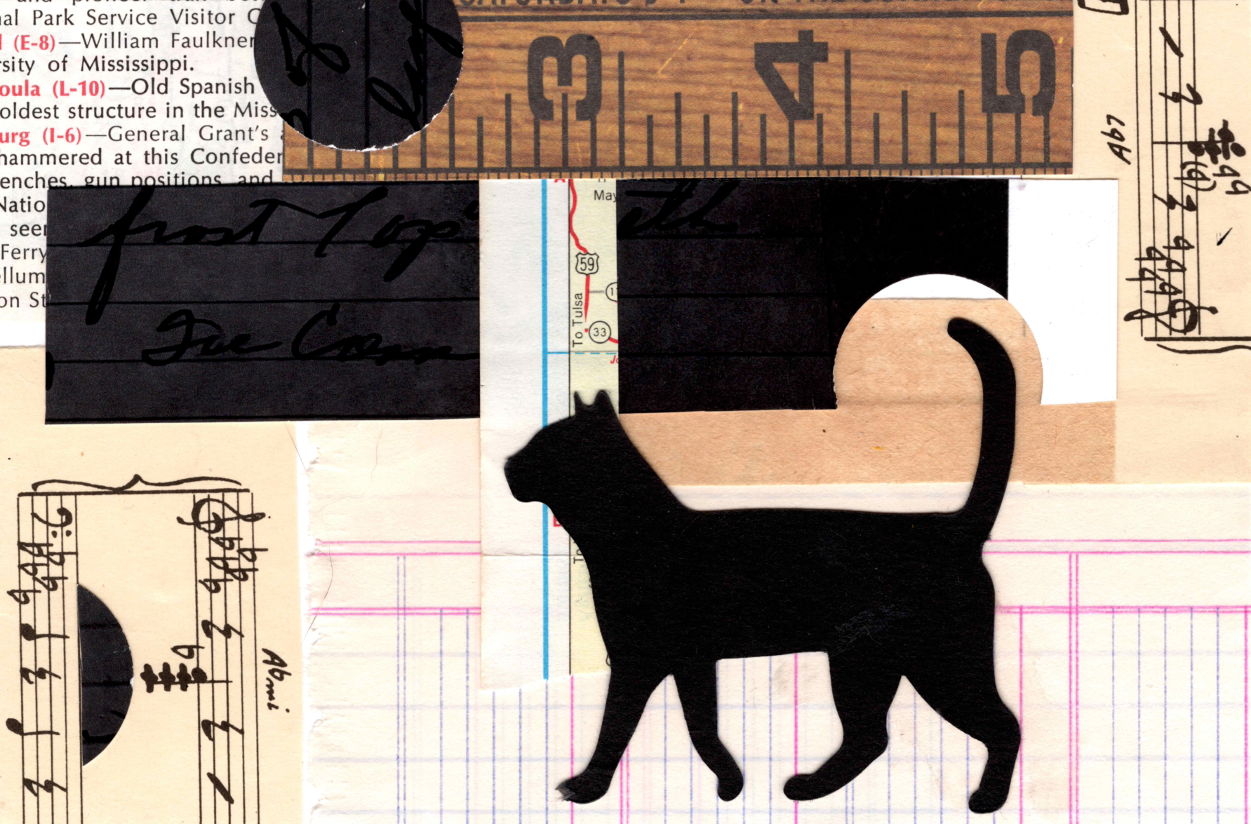Collage of a black cat silhouette on a textured background with text and music notes.