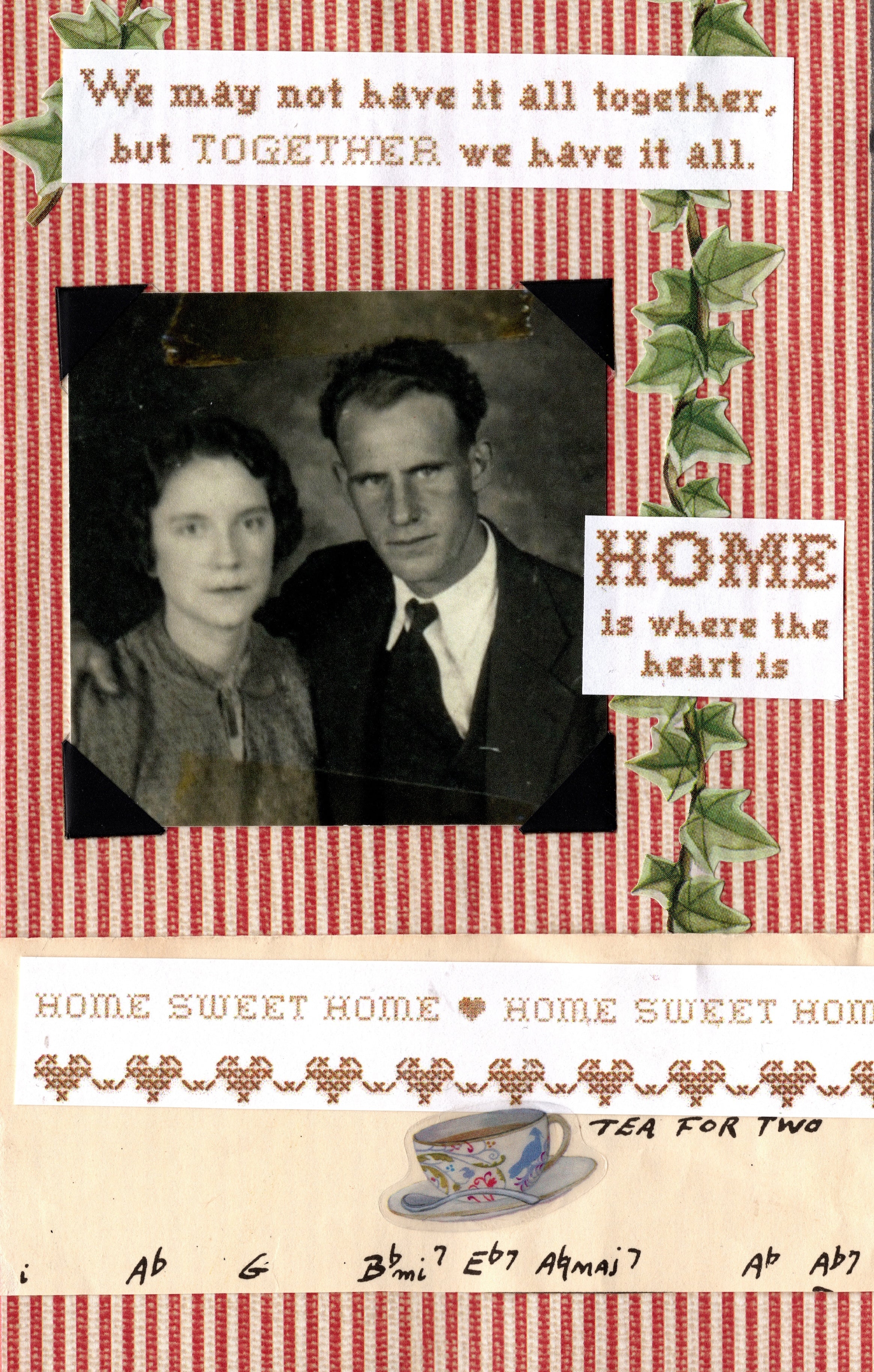 Vintage-style card with a couple's photo, decorative text, and a tea cup illustration.