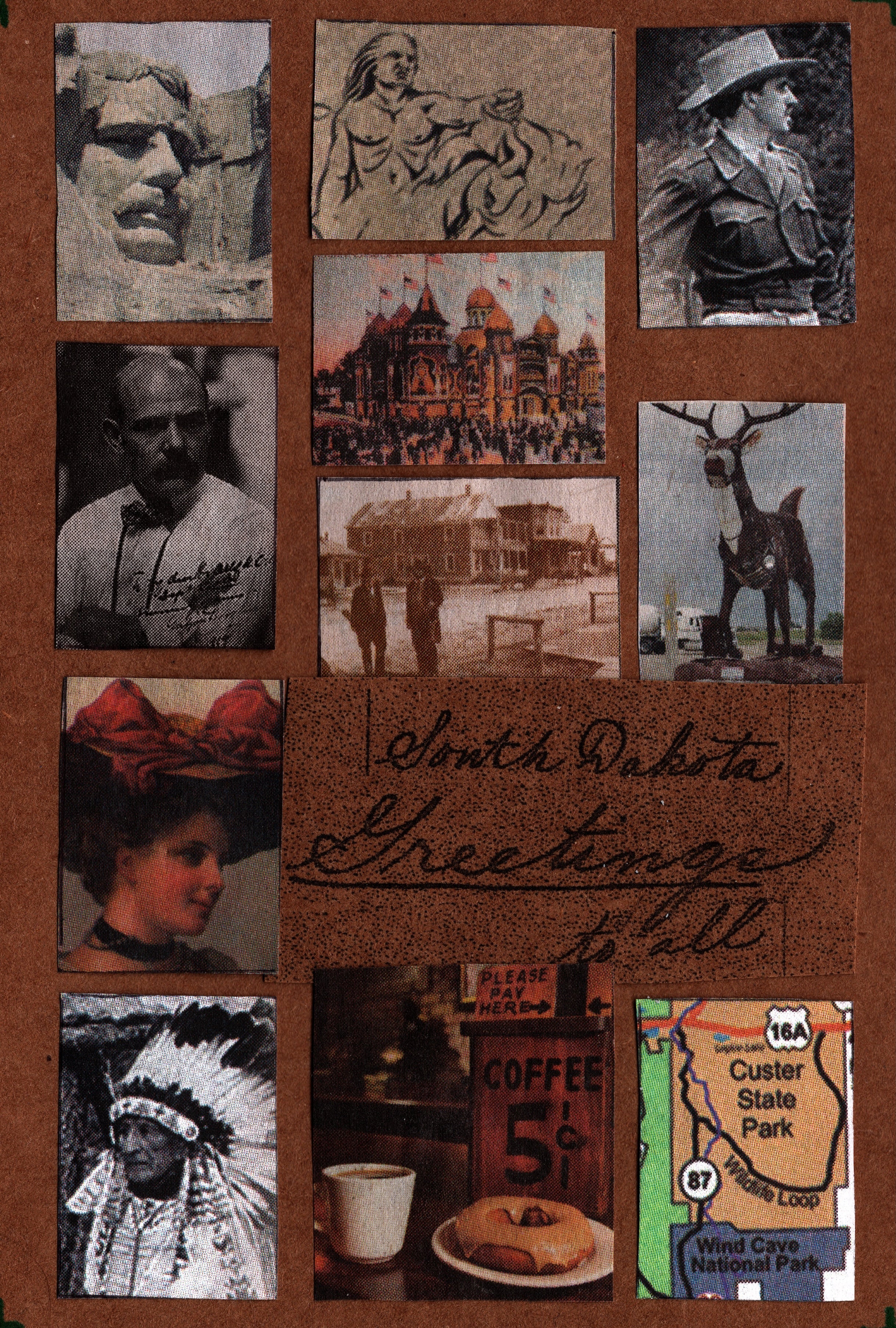 Collage of vintage South Dakota images and on a brown background, featuring people, buildings, and natural elements.