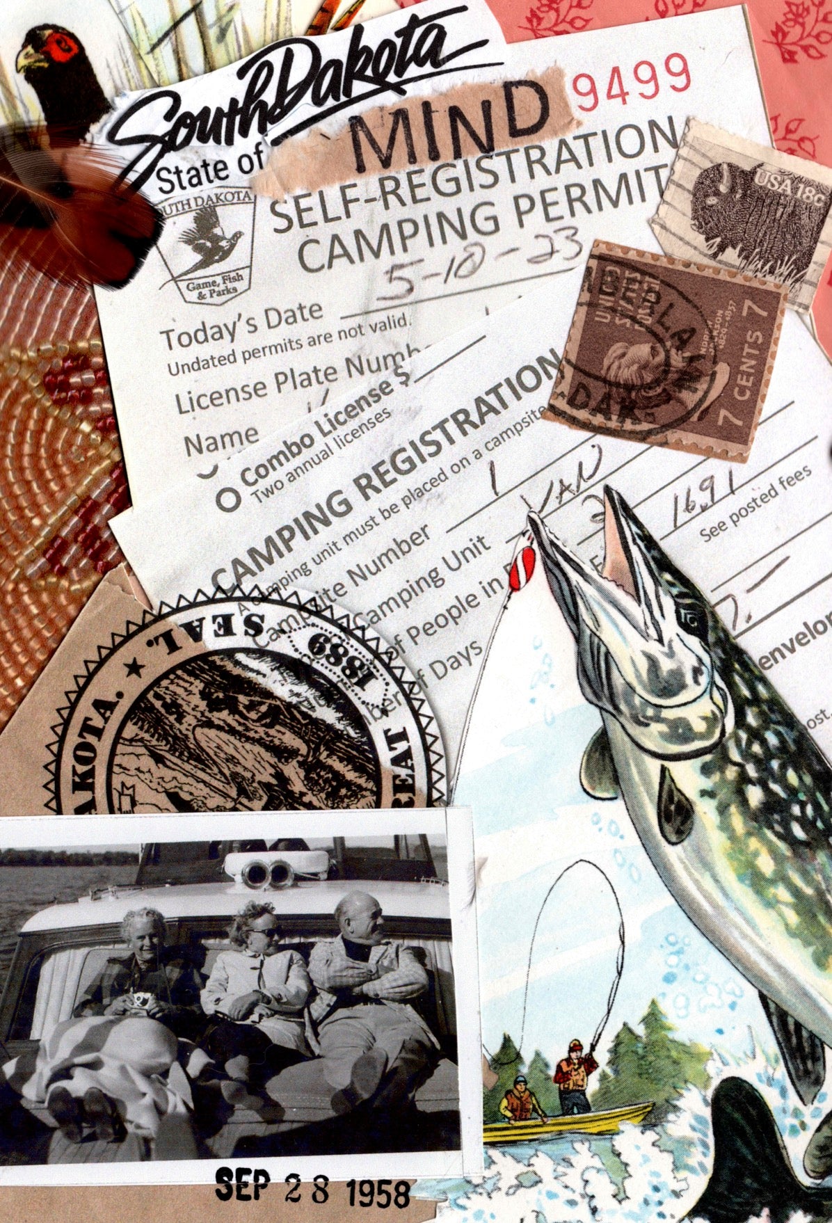 Collage of South Dakota camping permit, vintage photo, and fish illustration.