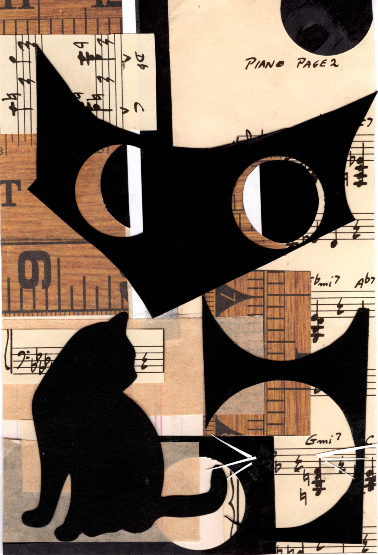 Collage with black cat silhouette, music notes, and sheet music on a beige background