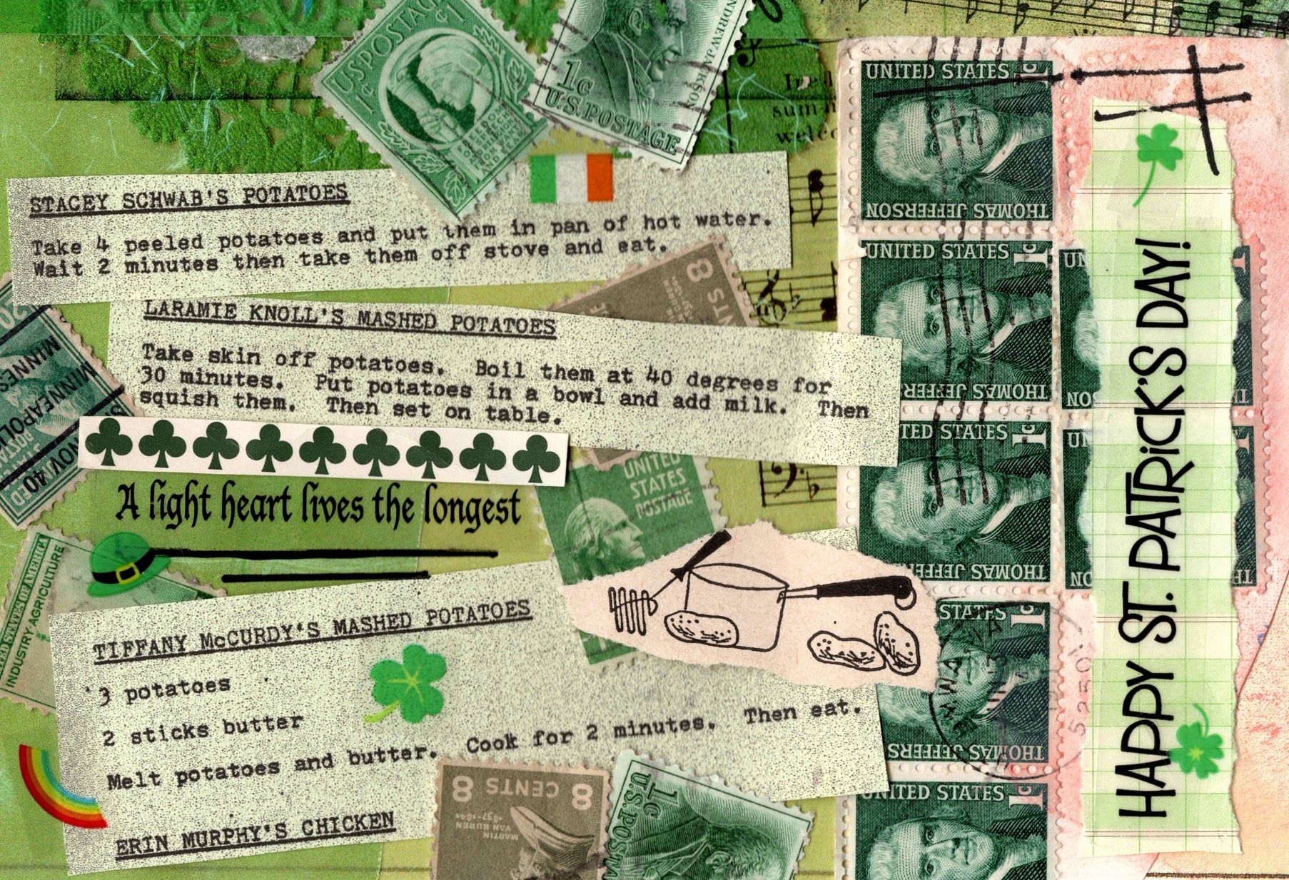 Collage of vintage recipes and St. Patrick's Day-themed elements on a green background.