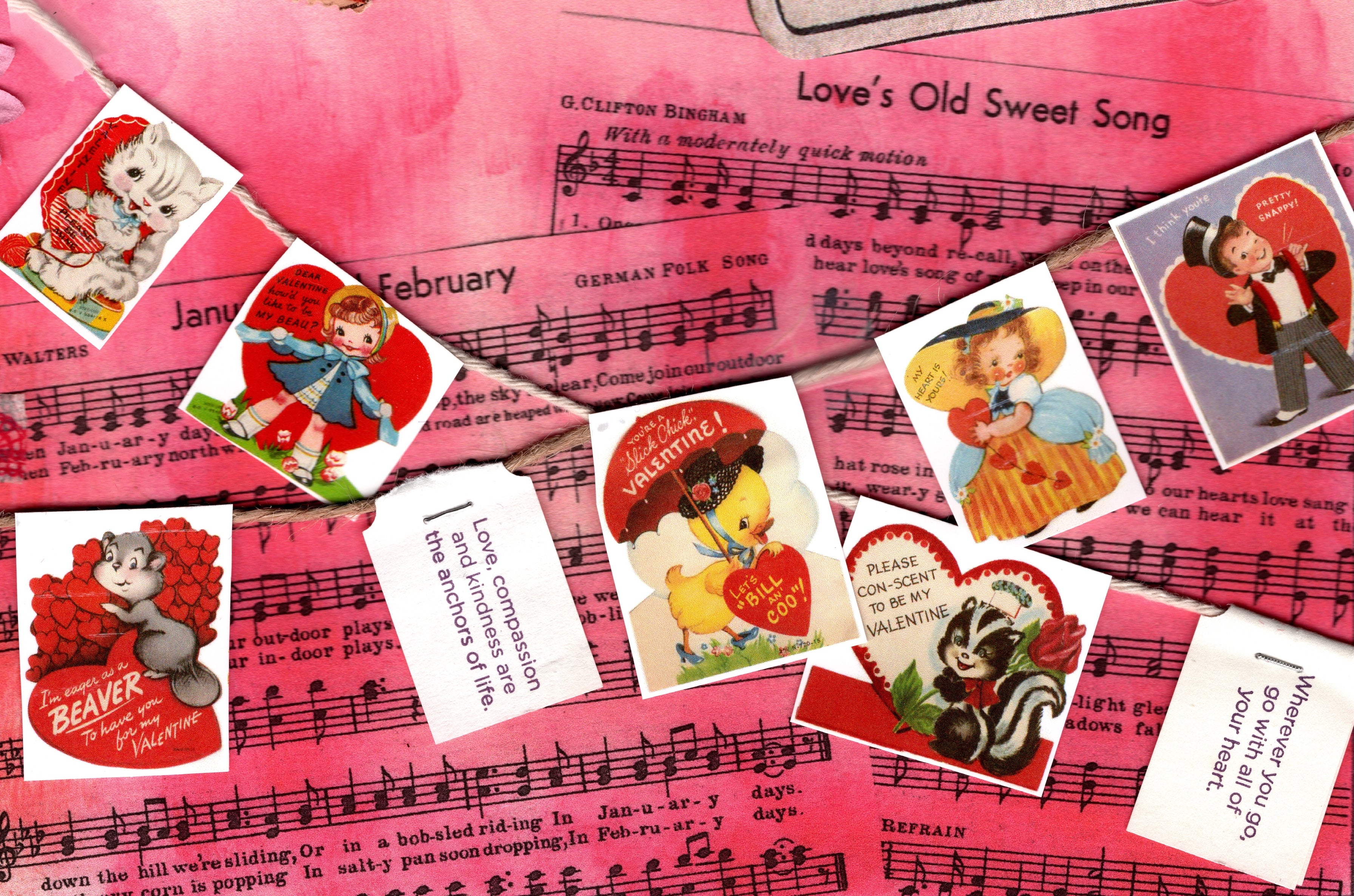 Vintage-style Valentine's Day cards on a pink sheet of music with sheet music text.