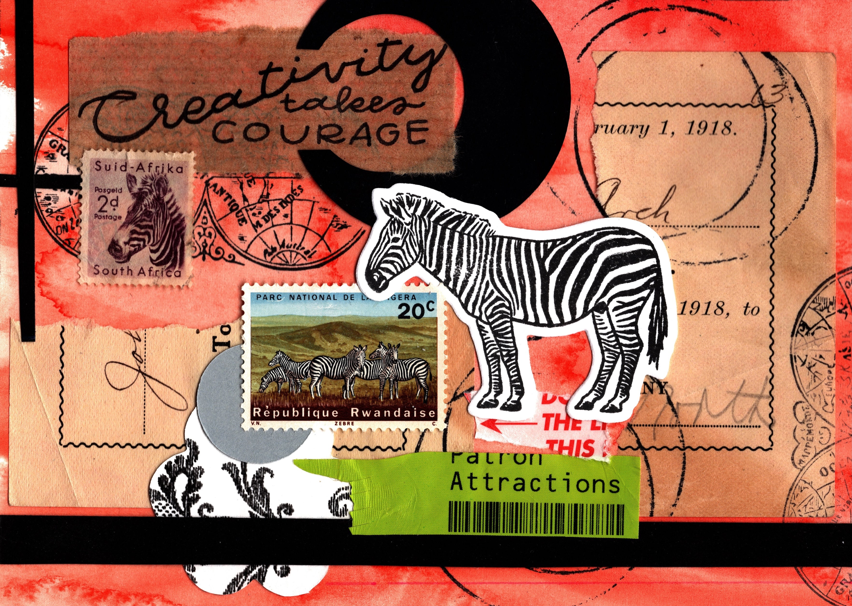 Collage with zebra illustration, zebra stamps, and text on a colorful background