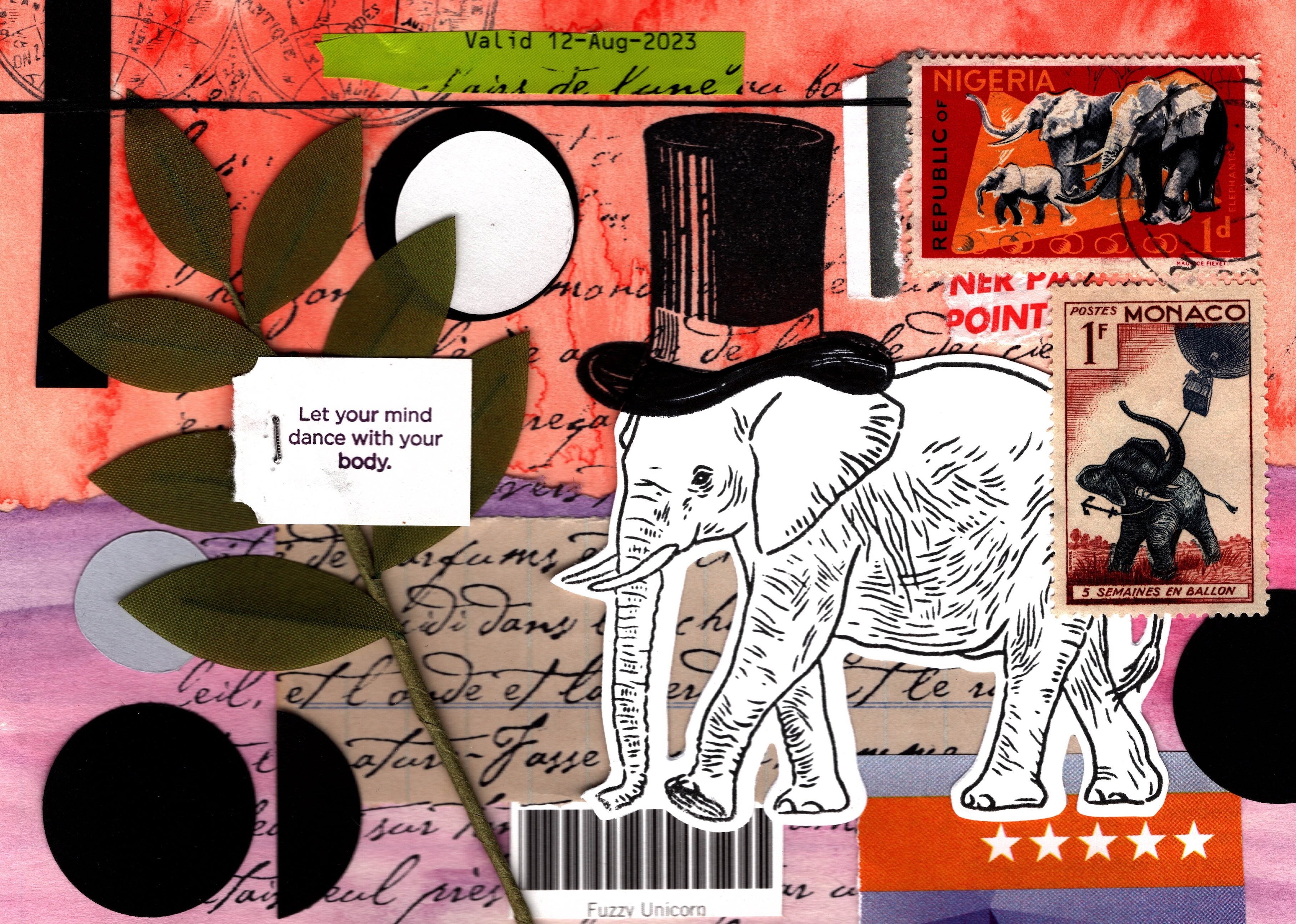 Collage with elephants, text, and vintage stamps on a colorful background