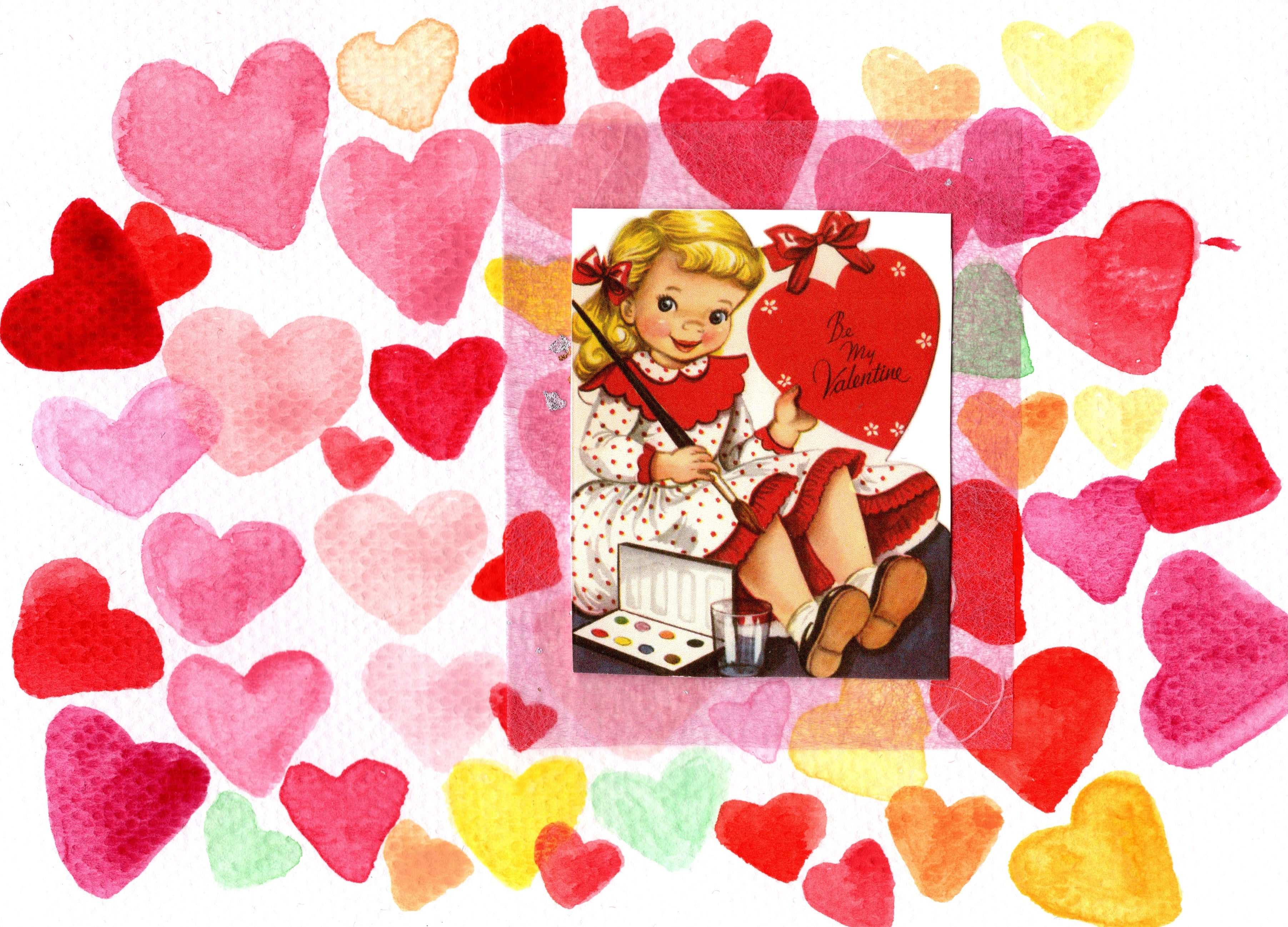 Vintage-style Valentine's Day card with a girl holding a heart surrounded by colorful hearts.